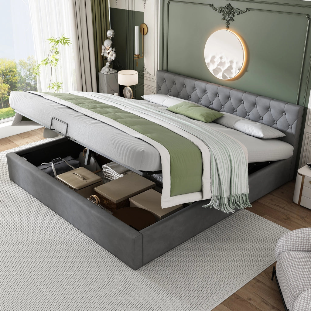 Letti contenitori 180x200 cm contenitore idraulico; testiera capitonné; velluto grigio (Senza materasso)