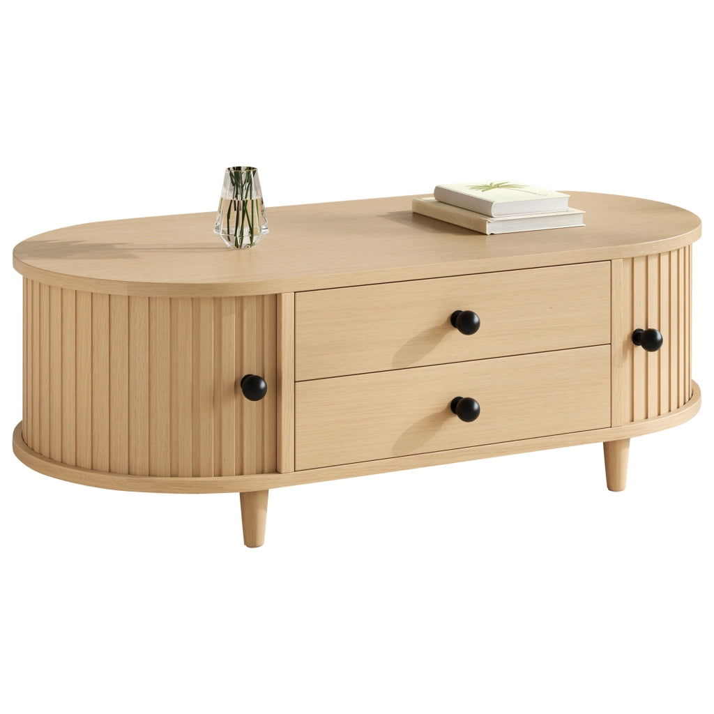 Tavolino da salotto rotondo in effetto legno chiaro con 2 cassetti e ante scorrevoli, 100¡Á50¡Á36 cm, portata fino a 50 kg