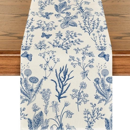Tavolo da Pranzo - Tavolo da Pranzo con Fiori di Primavera - Tavolo da Pasqua - Lino di Alta Qualità - Decorazione da Tavolo per Primavera per Cucina - Salotto - Festa - 33x183 cm - Fiori Blu Selvatici