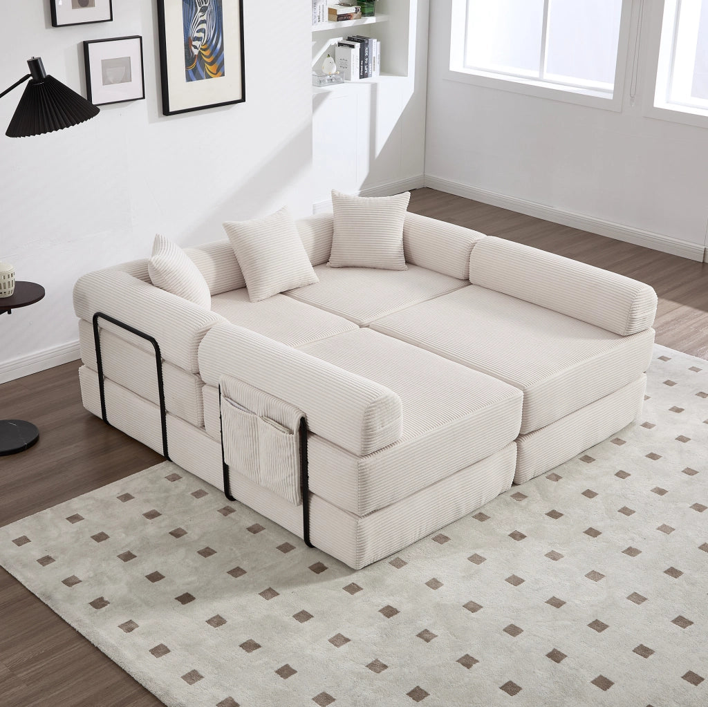 Divano modulare in velluto a coste beige 270x180x64 cm con tasca laterale e funzione letto