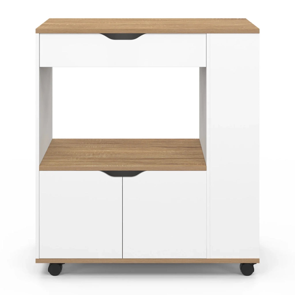 IDMarket - Credenza COSI per microonde con cassetto e ripiani per spezie in legno bianco e vassoi in faggio L.76 cm
