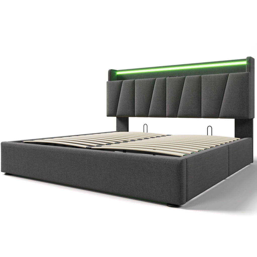 Letto matrimoniale imbottito 140x200 cm grigio con testiera contenitore; USB e LED RGBW