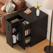 Libreria mobile con 2 cassetti estraibili, 3 ripiani e ruote, per ufficio e soggiorno, in truciolare nero, 52 × 50 × 75 cm