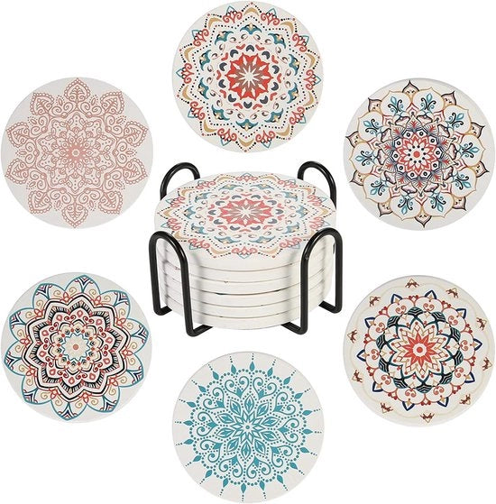 Set di sottopanchine 6 pezzi, disegno di fiori elegante con supporto, diametro 10,3 cm, sottopanchine ceramica assorbenti con fondo di curcuma, per biercafè, bicchieri, vasi, candele, drink, sottopanchine da tavolo, regali