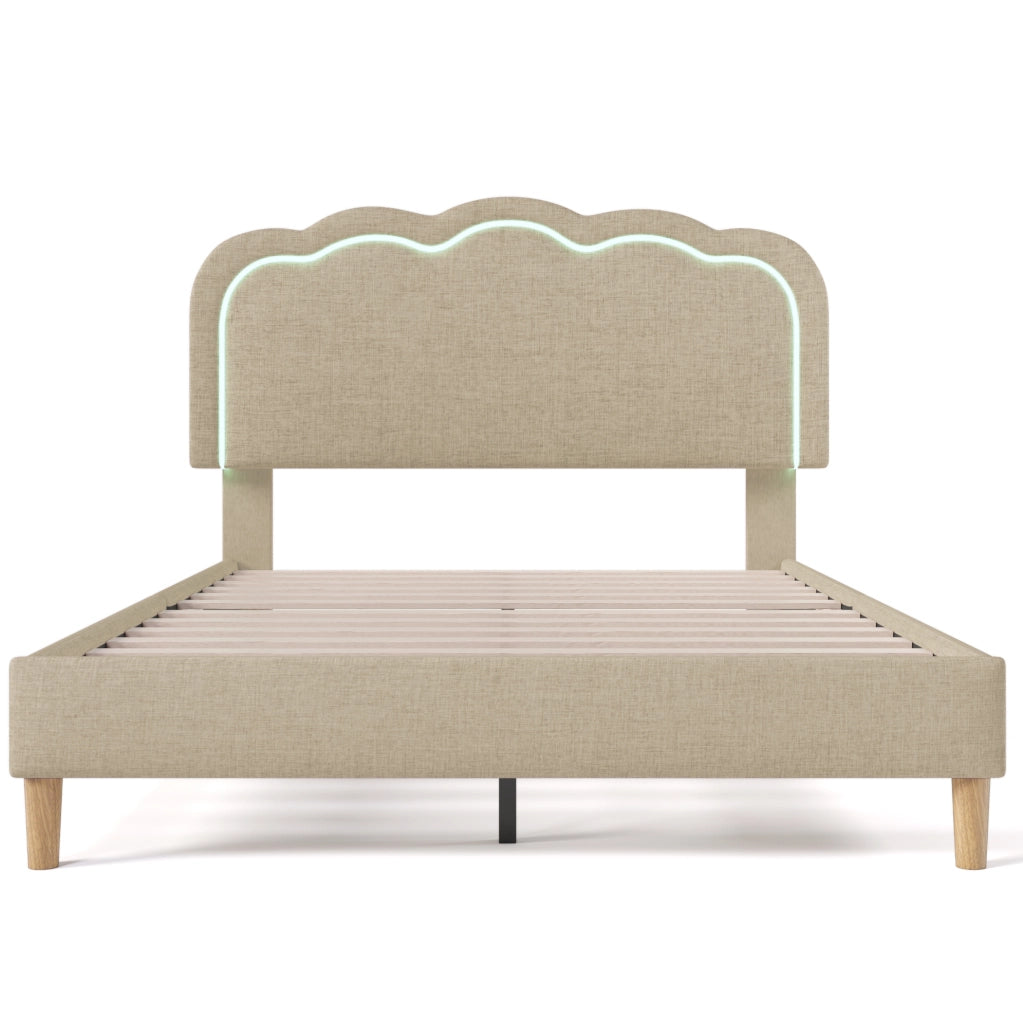 Letto matrimoniale imbottito 140x200 cm con testiera LED regolabile in lino beige