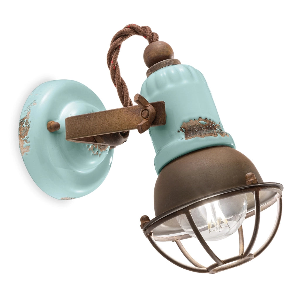 Applique Vintage Loft Ferro E Ceramica Azzurro 1 Luce E14