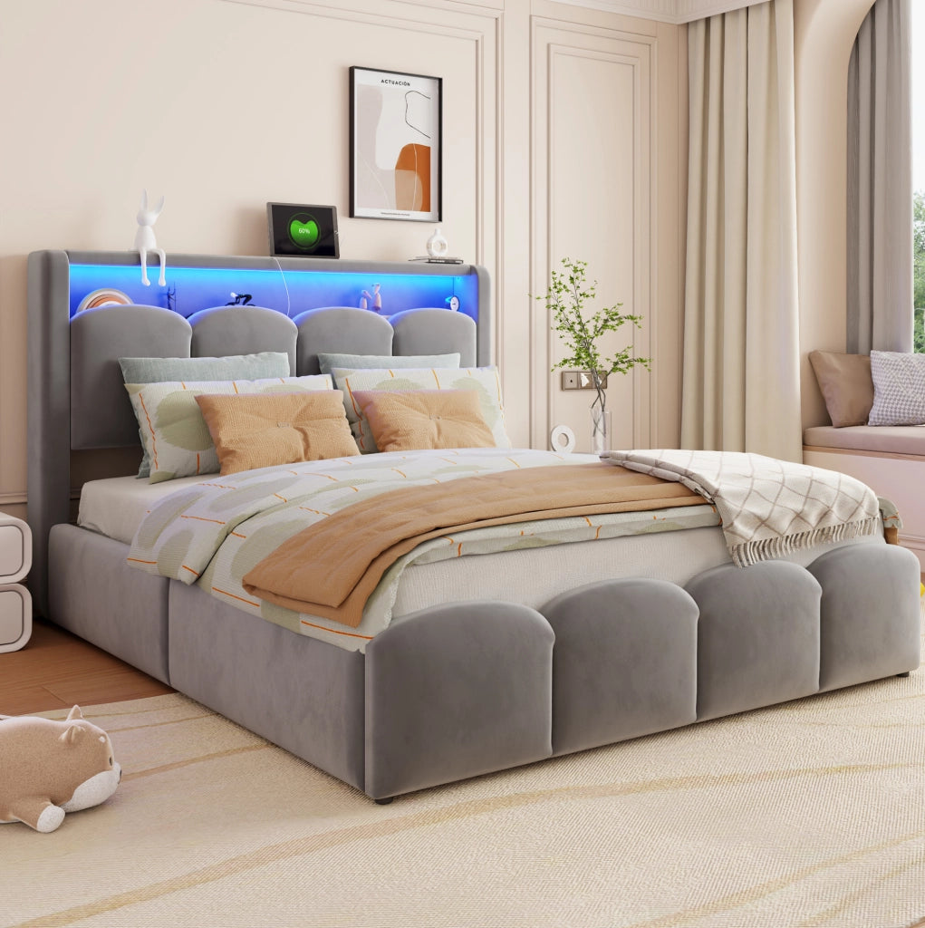 Letto matrimoniale imbottito 140x200 cm in velluto grigio con LED; USB e vano contenitore