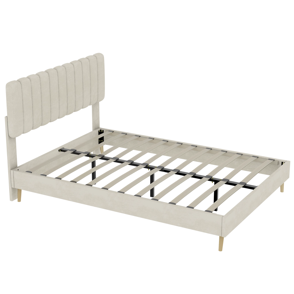 DESMIU Letto 140 × 200 cm 2 posti in velluto, testiera imbottita, senza materasso, beige