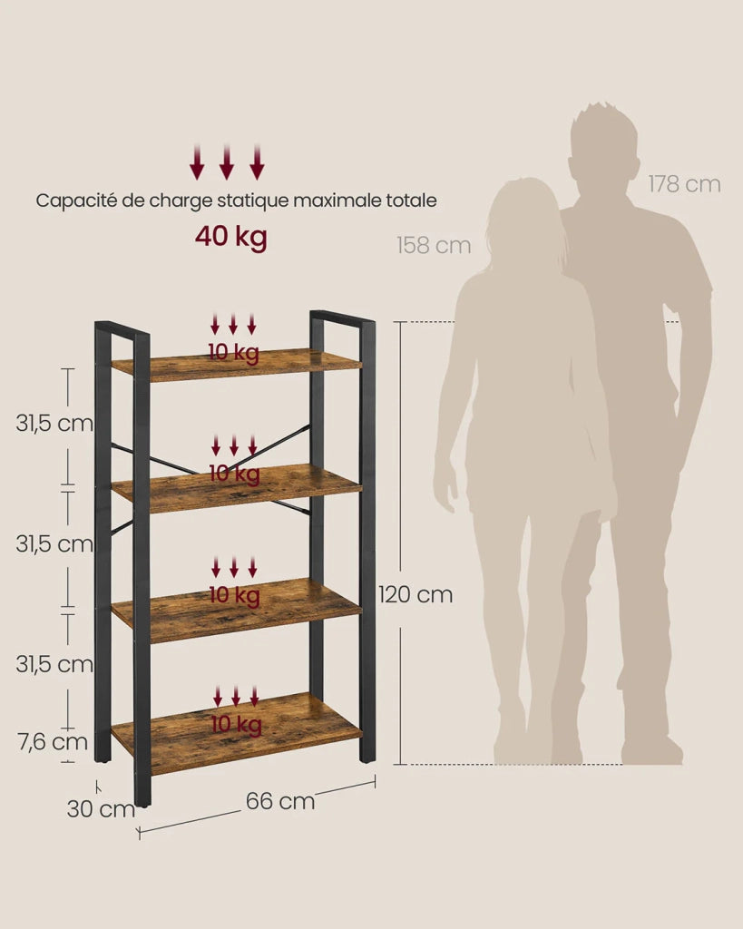 Libreria a 4 ripiani scaffale a scala robusta struttura in ferro stile industriale marrone 12_0004255