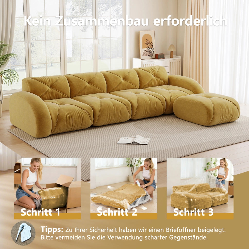 Divano angolare modulare a 4 posti senza montaggio con base antiscivolo in chenille gialla 358 × 171 × 76 cm
