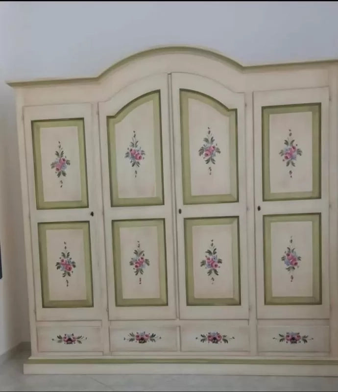 Armadio shabby 4 porte legno avorio anticato decorato filo verde  234x60x230 - Mobili 2G