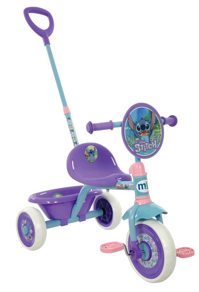 Triciclo a Pedali Primi Passi per Bambini con Maniglione Genitoriale Rimovibile e Vano Contenitore Disney Stitch Viola
