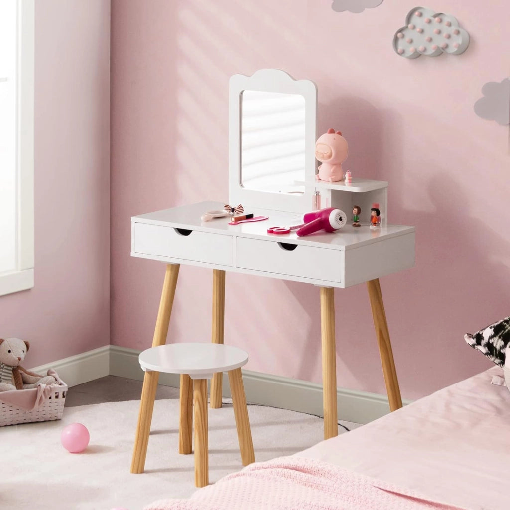 2 in 1 Set Toeletta per Bambini, Postazione Trucco in Legno con Sgabello, Specchio Rettangolare Staccabile e 2 Cassetti Capienti, Ideale per Bambini dai 3 ai 7 Anni, 70 x 37 x 100 cm (Bianco)