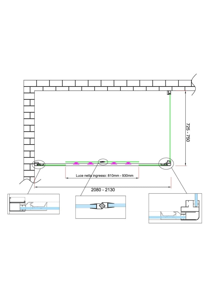 Box doccia 6 mm H 190 parete fissa e porta a 4 ante con apertura centrale MISURA 72,5-75 ANTA FISSA + PORTA 208-213