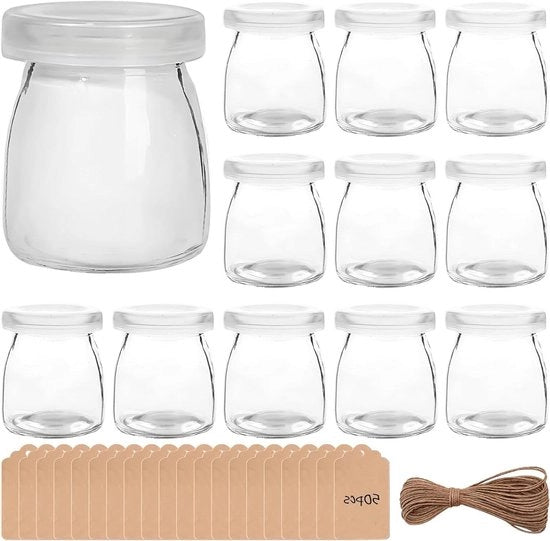 Set di 12 bicchieri trasparenti con coperchio per dessert, marmellata, miele, candele - BPA libero