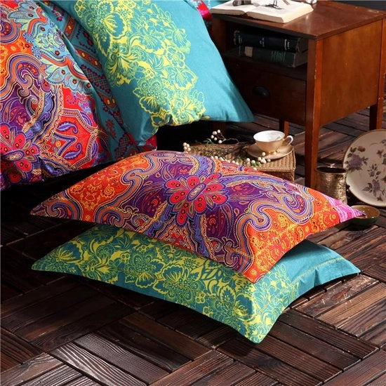 Set da letto 3 pezzi in stile bohemien, 200 x 200 letto matrimoniale, bohemien, coperta da letto indiana con cuscini con copriletti 80 x 80, chiusura a zip, qualità premium, respirante, microfibra.