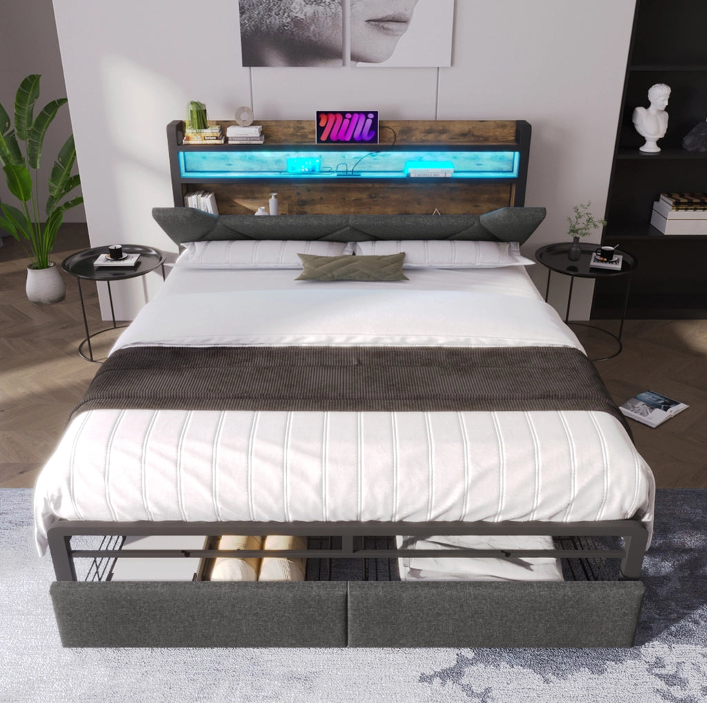 Letto matrimoniale 160x200 cm con LED; USB e USB-C; cassetti e testiera contenitore grigio