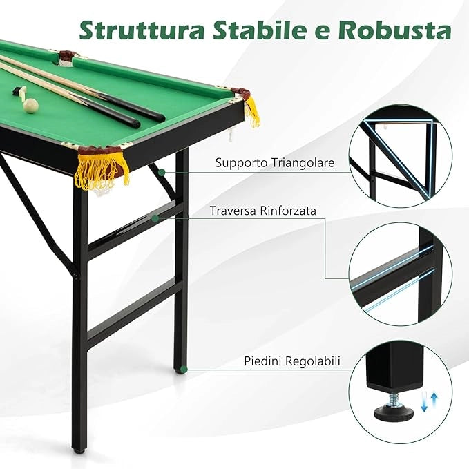 Tavolo da Biliardo Pieghevole, Mini Tavolo da Gioco Biliardo con Set di Accessori Stecche Palline Gessetti e Spazzola, Piedi Regolabili, per Sala Giochi bar Palestra, 122x64x78 cm