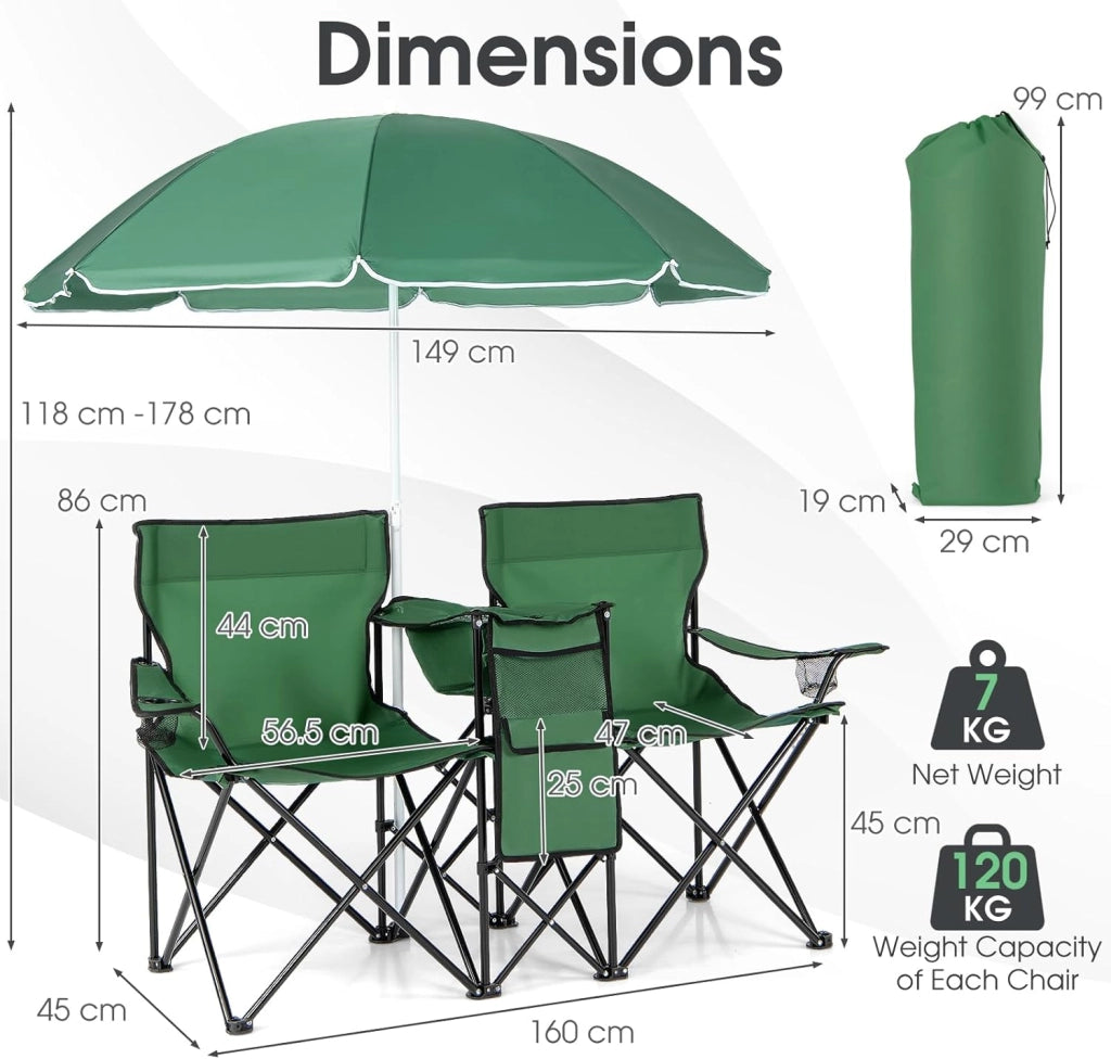 2 Sedie da Campeggio con Ombrellone, Pieghevole Doppia Sedia da Pesca con Portabicchieri e Borsa Frigo, Sedia Pieghevole per 2 Persone, 4 Colori (Verde)