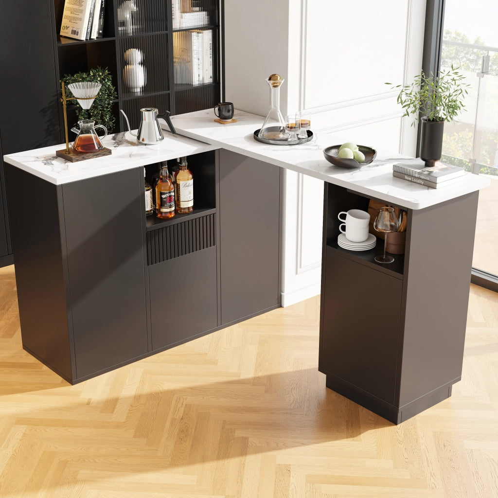 OKWISH Tavolo bar girevole con vani aperti e chiusi, piano effetto marmo, design moderno, per cucina soggiorno