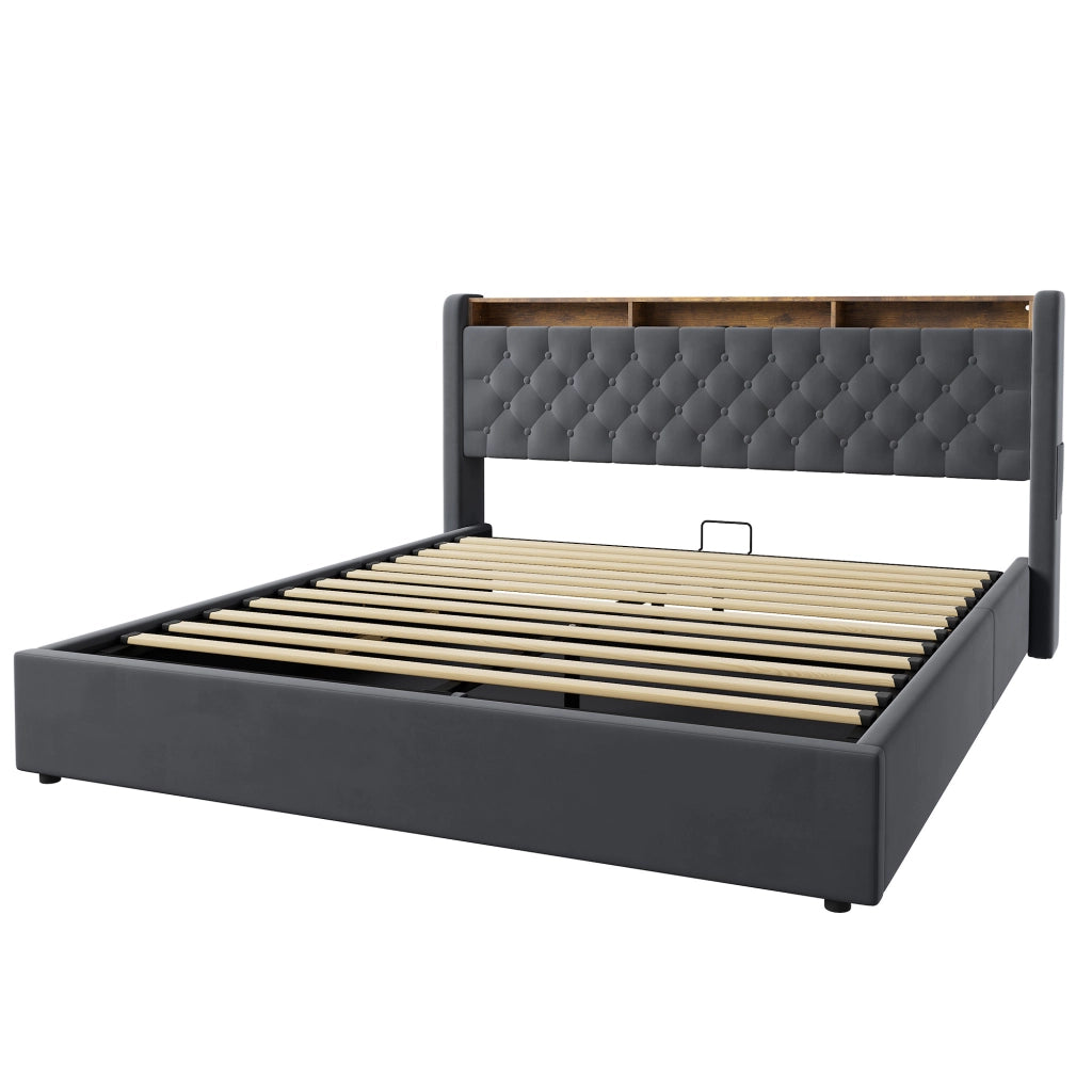 LETTO Imbottito 180 x 200 cm in Velluto Grigio Scuro con Contenitore