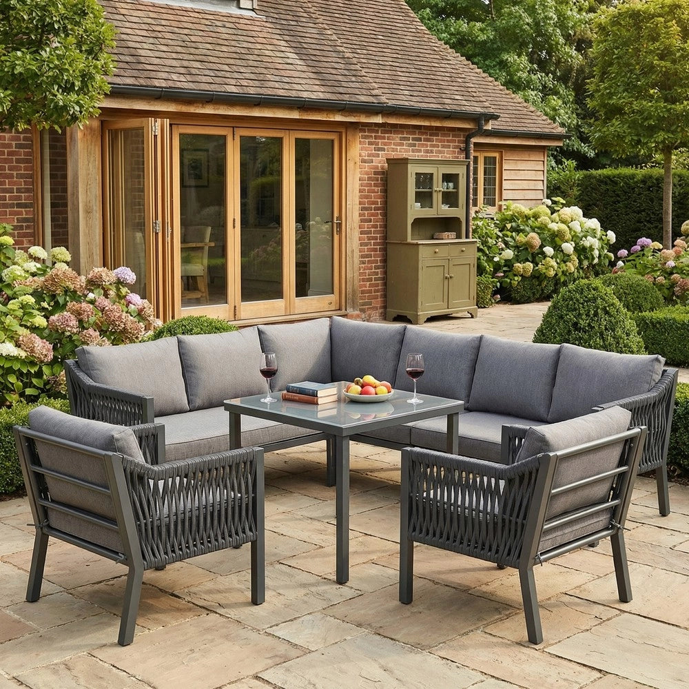 Set da Giardino 8 Posti con Tavolo in Vetro e Divano ad Angolo ¨C Xylo ¨C Grigio, Ferro, Corda