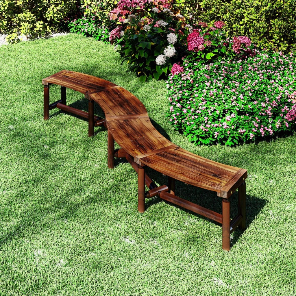 Panchina di legno massello per 2-3 persone da fuoco senza schienale per esterni, Panchina curva da patio carico massimo 360 kg Marrone-Panchine