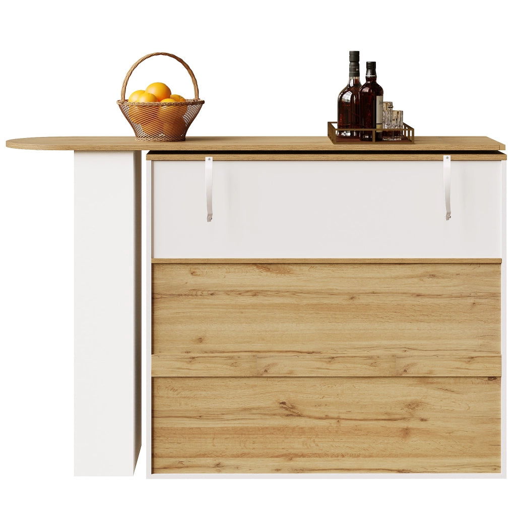 Mobile Bar Girevole con 2 Cassetti; Ripiani e Anta in Vetro Curvo; in MDF; Bianco; 138-204 x 39 x 104 cm