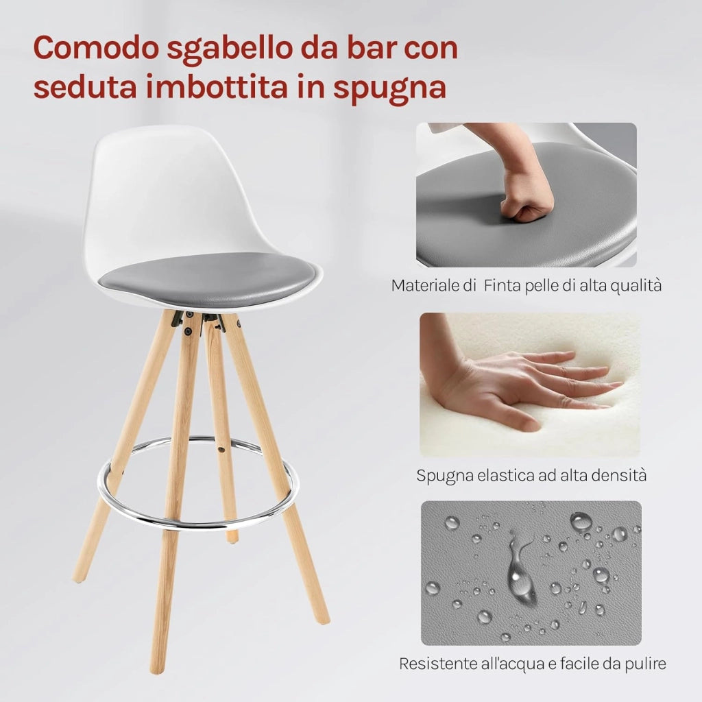 Sgabello da Bar Sedia Cucina in PU Gambe Legno Schienale di Plastica, Grigio-Bianco