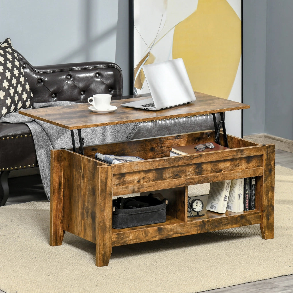 EasyComfort Tavolino da Salotto in Stile Industriale con Vano Contenitore e Piano Sollevabile in Legno, 105x50x49cm, Marrone Rustico