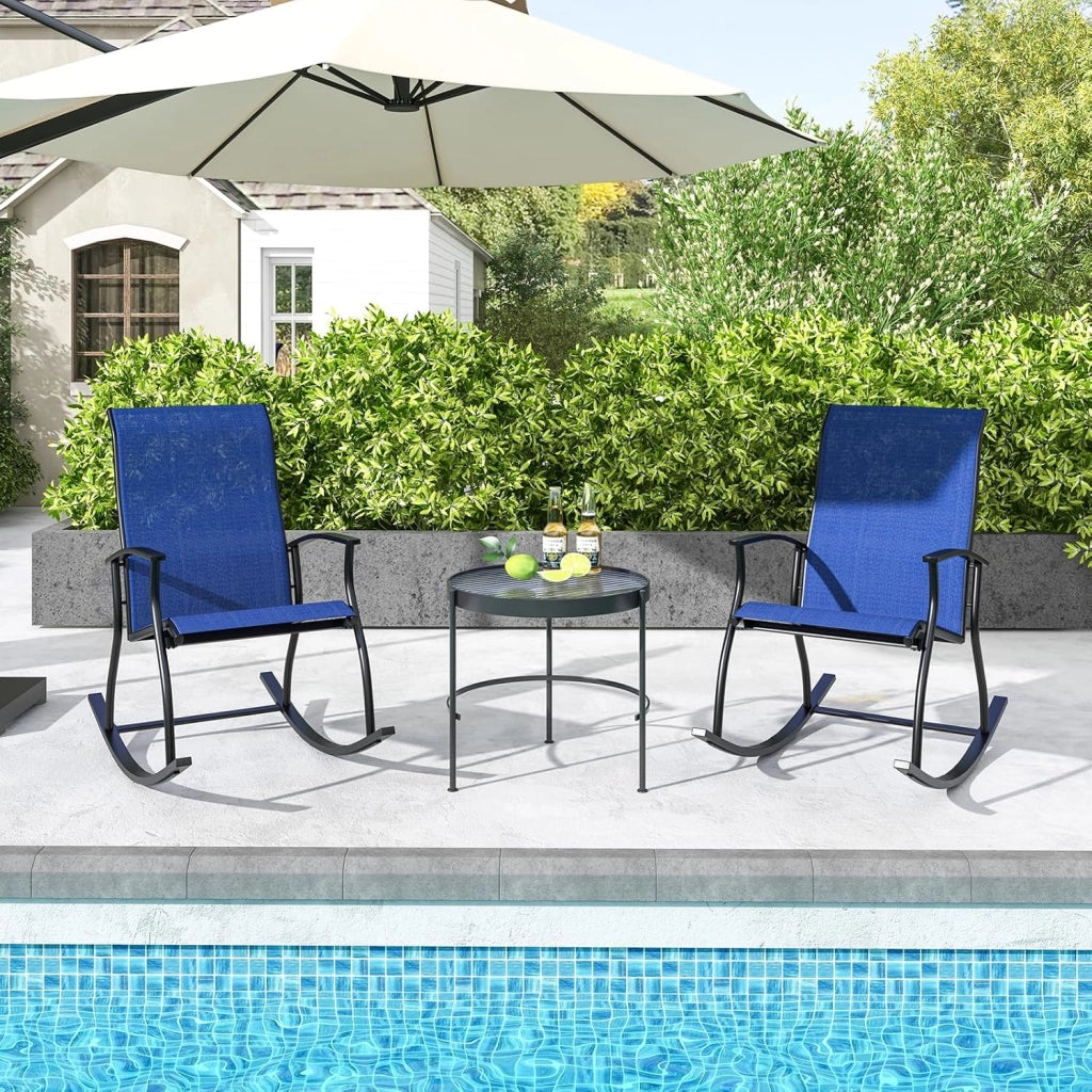 Set di 2 poltrone a dondolo in tessuto a rete, sedia a dondolo da esterno, design ergonomico, Rocking-Chair, carico 150 kg, per terrazza, patio, giardino, 102 x 68 x 100 cm, colore: blu