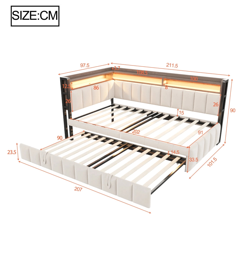 Divano letto multifunzionale 90x200 cm in velluto beige con letto estraibile; LED e USB
