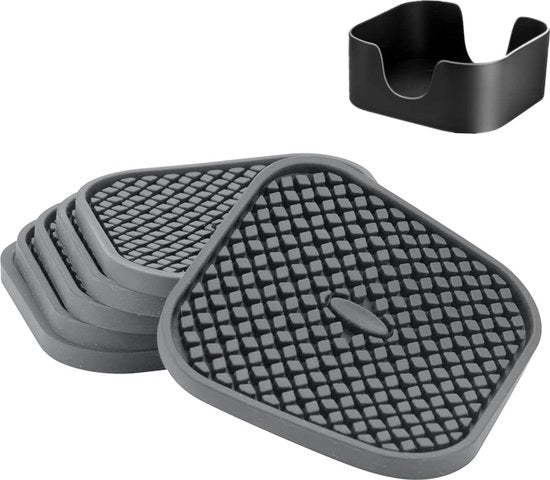Set di 6 sottopiani in silicone in un contenitore, sottopiani per bicchieri, profondamente incisi, assorbenti, grandi, quadrati, sottopiani quadrati 4" (grigio)