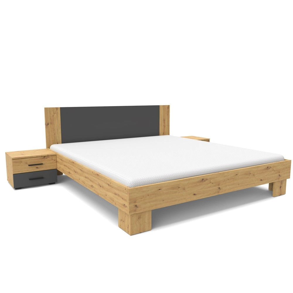 Letto matrimoniale Meria 180x200 con comodini integrati antracite e rovere