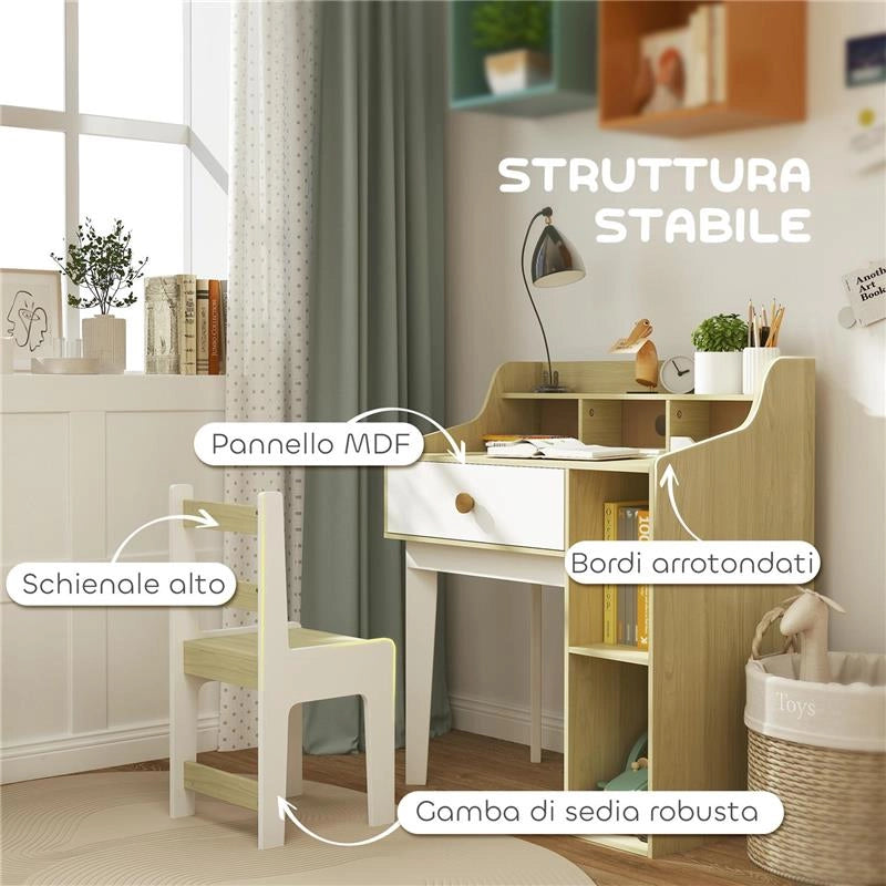 SET SCRIVANIA PER BAMBINI E SEDIA IN LEGNO CON SCAFFALE E CASSETTO ETÀ 3-10 ANNI BIANCO E LEGNO