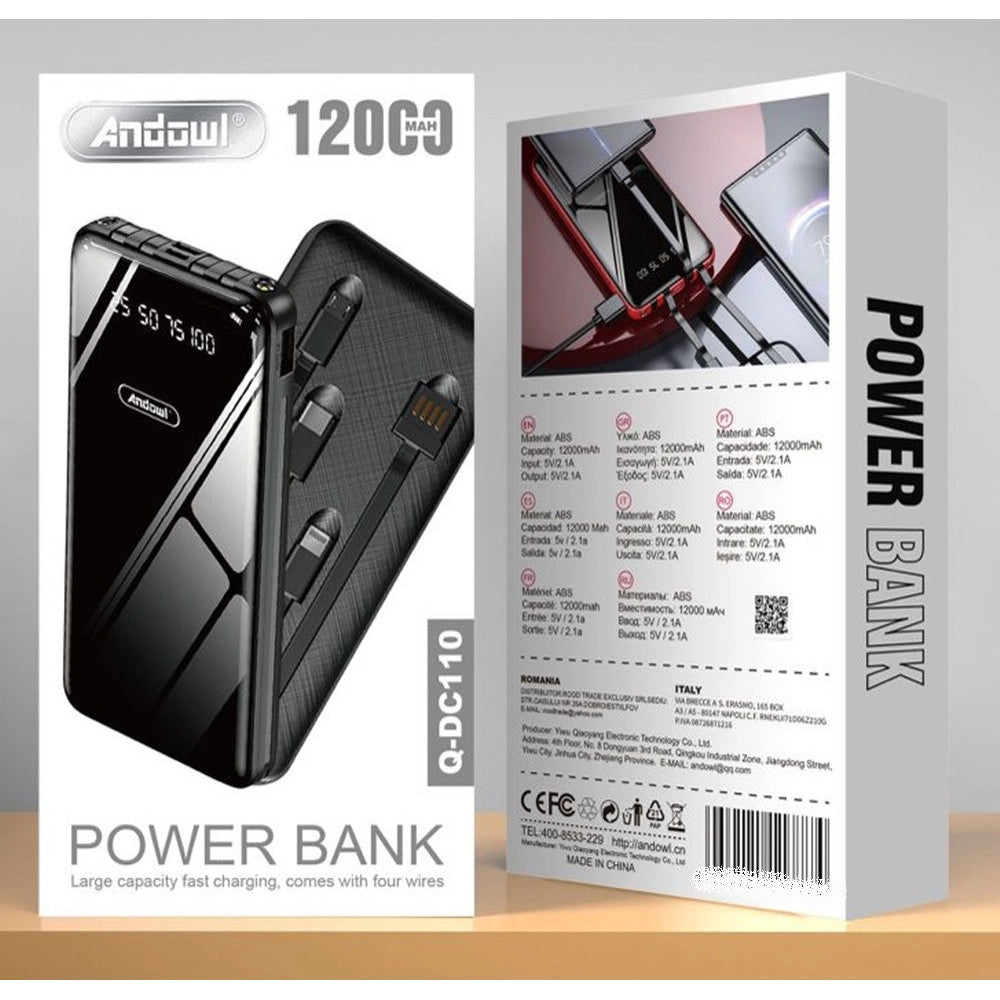 Trade Shop - Power Bank 12000 Mah Con Porta Usb Cavi Integrati Display Led Ricarica Rapida Q-dc110 -