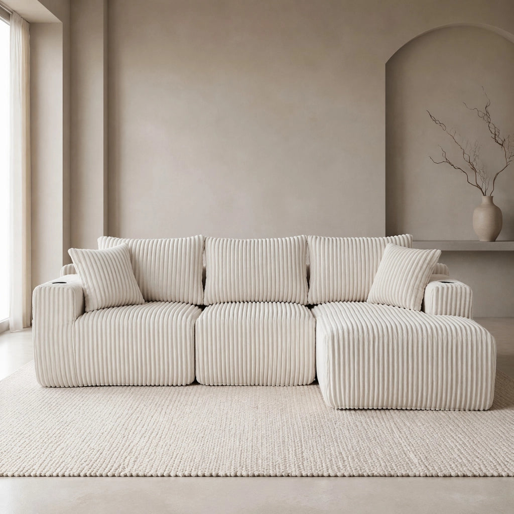 DIVANO modulare con chaise longue e 2 posti 257x160x62 cm Corduroy beige