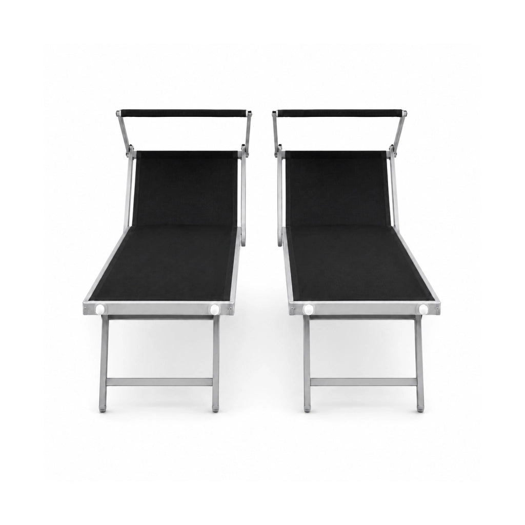 Set 2 Lettini Prendisole Pieghevoli Professionali In Alluminio Leggero Con Tettuccio Parasole Regolabile Sdraio Relax Mare Spiaggia Piscina Giardino Terrazza 182 x 60 x 38 Cm Nero
