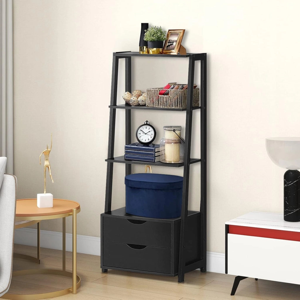 Scaffale a 3 Ripiani Stile Moderno, Libreria con Struttura con 2 Cassetti, Adatto per Soggiorno, Studio, Cucina, Camera da Letto e Ufficio, Nero, 52x40x133 cm