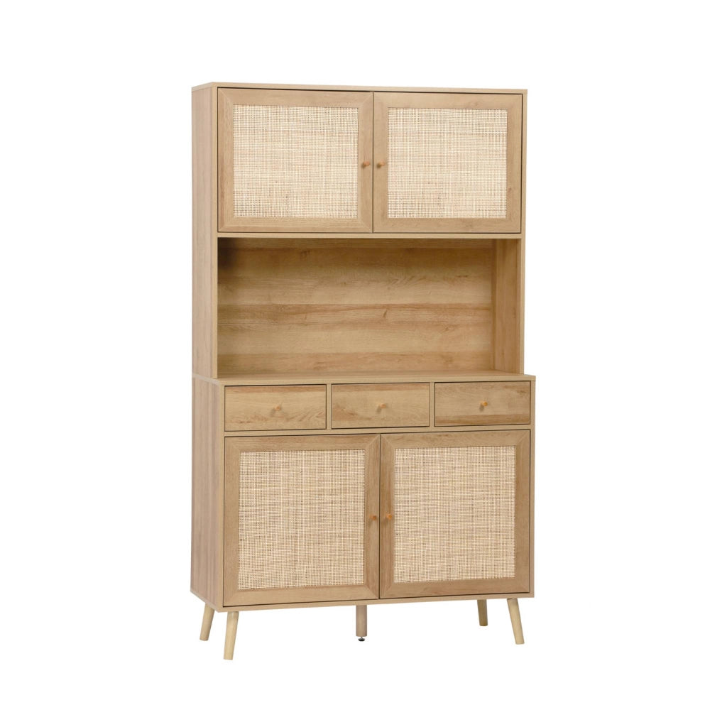Credenza decorazione in legno e cannage 4 ante e 3 cassetti, 110cm,