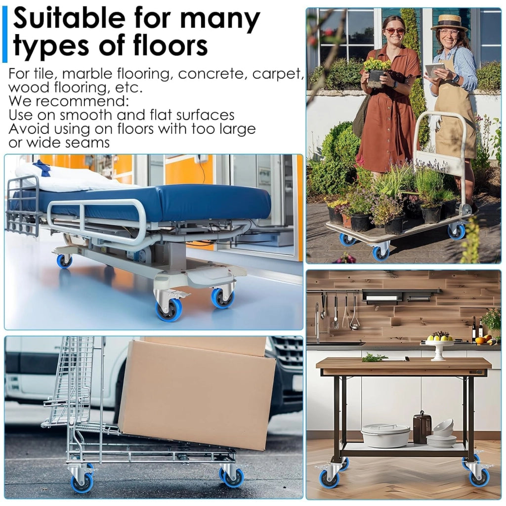 Ruote per Mobili 125/100 mm, Rotelle Pesanti con 4 Freno, Capacità 1200 kg, Ruote Girevoli a 360°, per Spostare Mobili Piccole, Trasporto di Mobili Industriale e Logistica, Set di 8 (Azul, 100 mm)