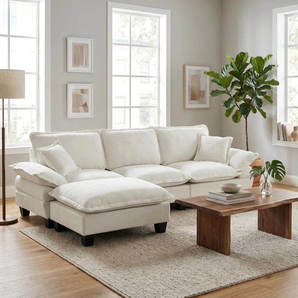 Divano angolare modulare con pouf mobile e 2 cuscini in ciniglia beige 263×151×90 cm