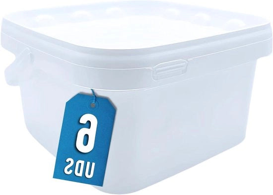 10 Contenitori in Polipropilene Bianchi da 25 L - 20x20x11 cm. con Esempio. Contenitori di Alimenti Aria-Tetraedrici. Maniglia e Ripiegabile. Progetto Senza BPA.