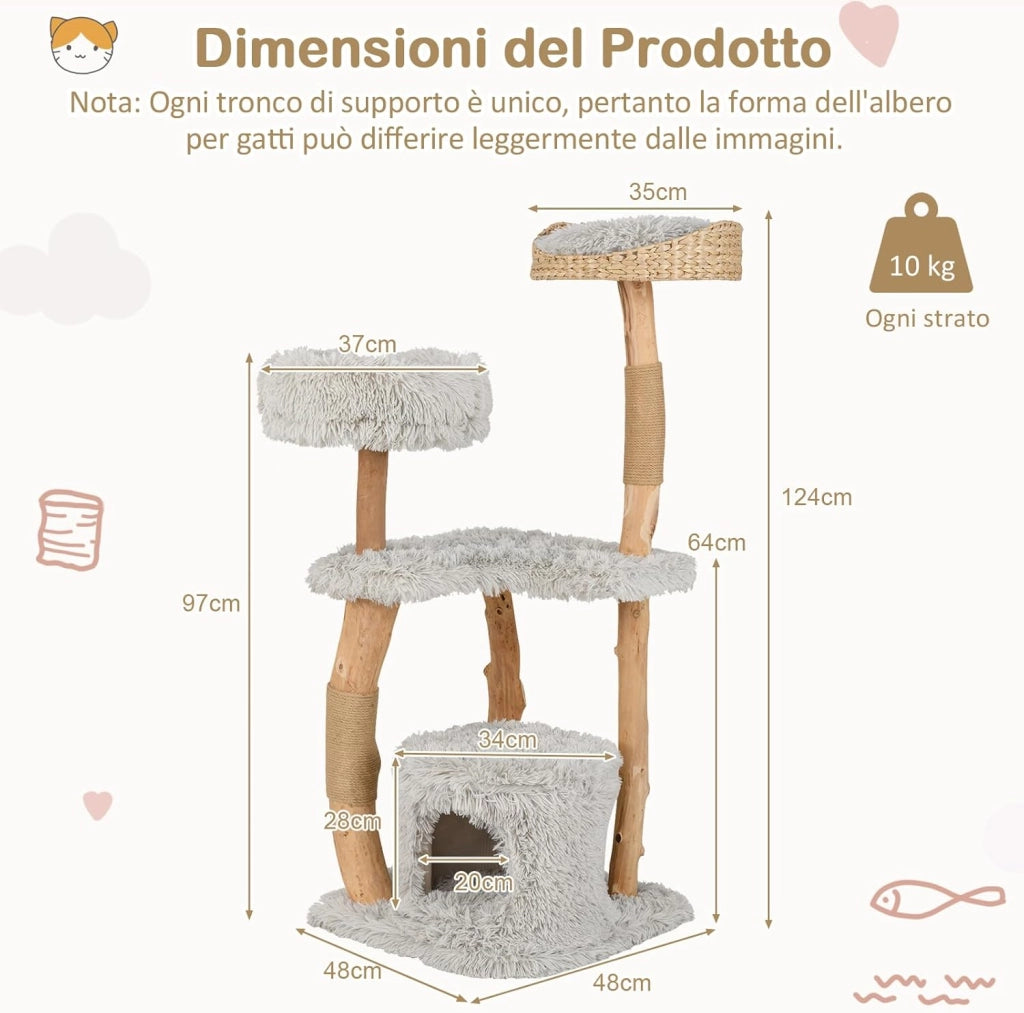 Albero per Gatti in Legno Alto 124 cm, Albero Tiragraffi per Gatti in Legno Massello con Pali di Corda di Juta, Torre Moderno per Animali Domestici Interni a 5 Livelli (Grigio)