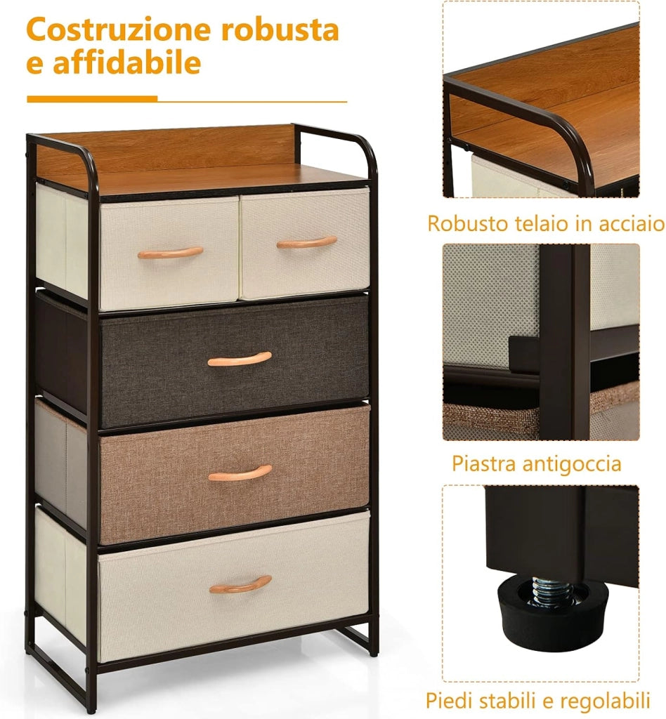 Cassettiera con 4/5 Cassetti, Organizer Verticale con Cassetti Pieghevoli in Tessuto, Cassettiera Armadietto, Comò con Struttura in Acciaio e Superficie in Legno (5 cassetti)