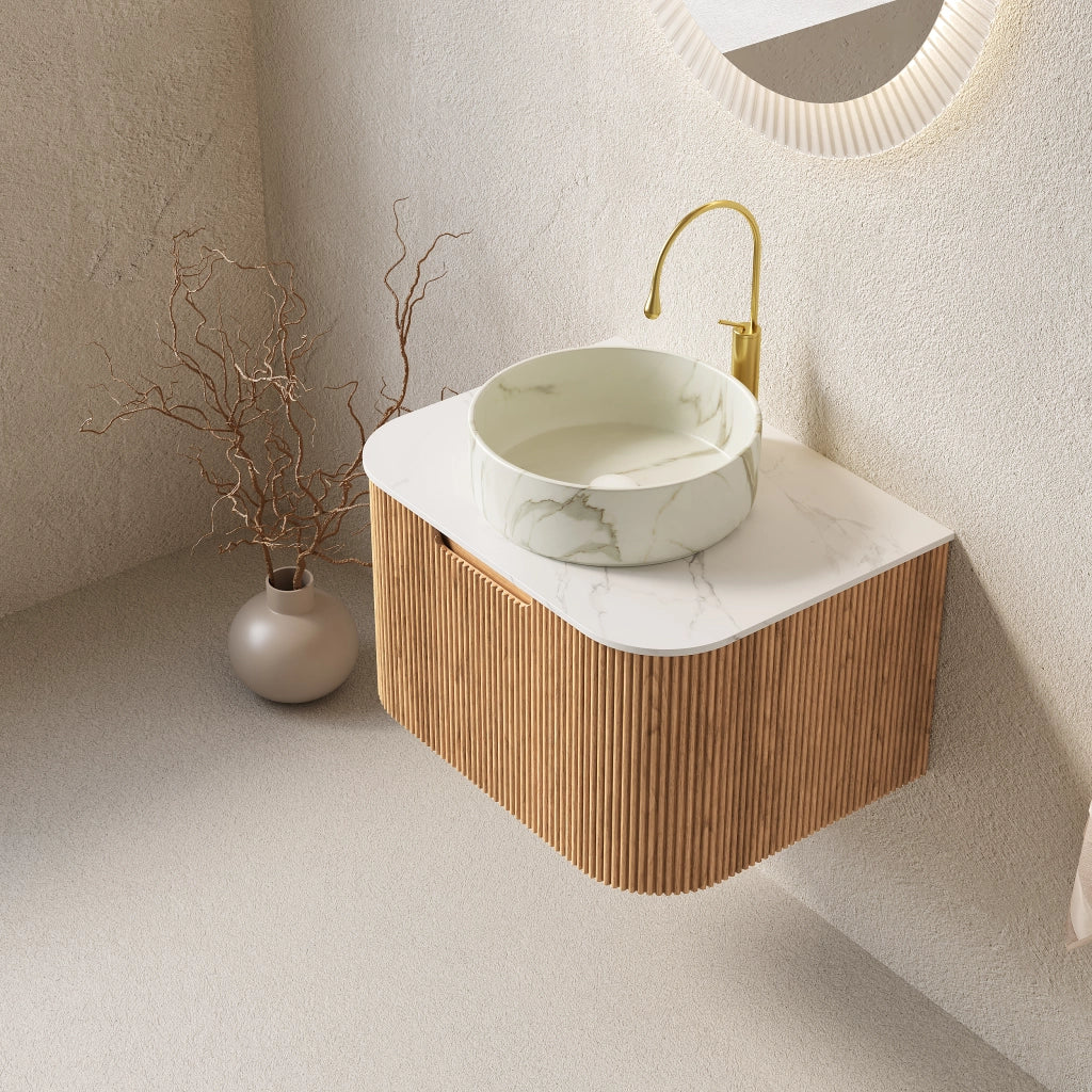 Mobile sottolavabo da bagno con 1 cassetto soft-close e lavabo in ceramica, bianco e legno naturale, 61 × 48 × 49,1 cm