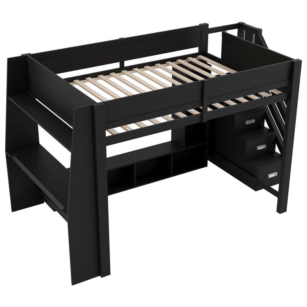Letto a Soppalco 140x200 cm; Letto Singolo; Scrivania; LED; Contenitore e Scala; Nero