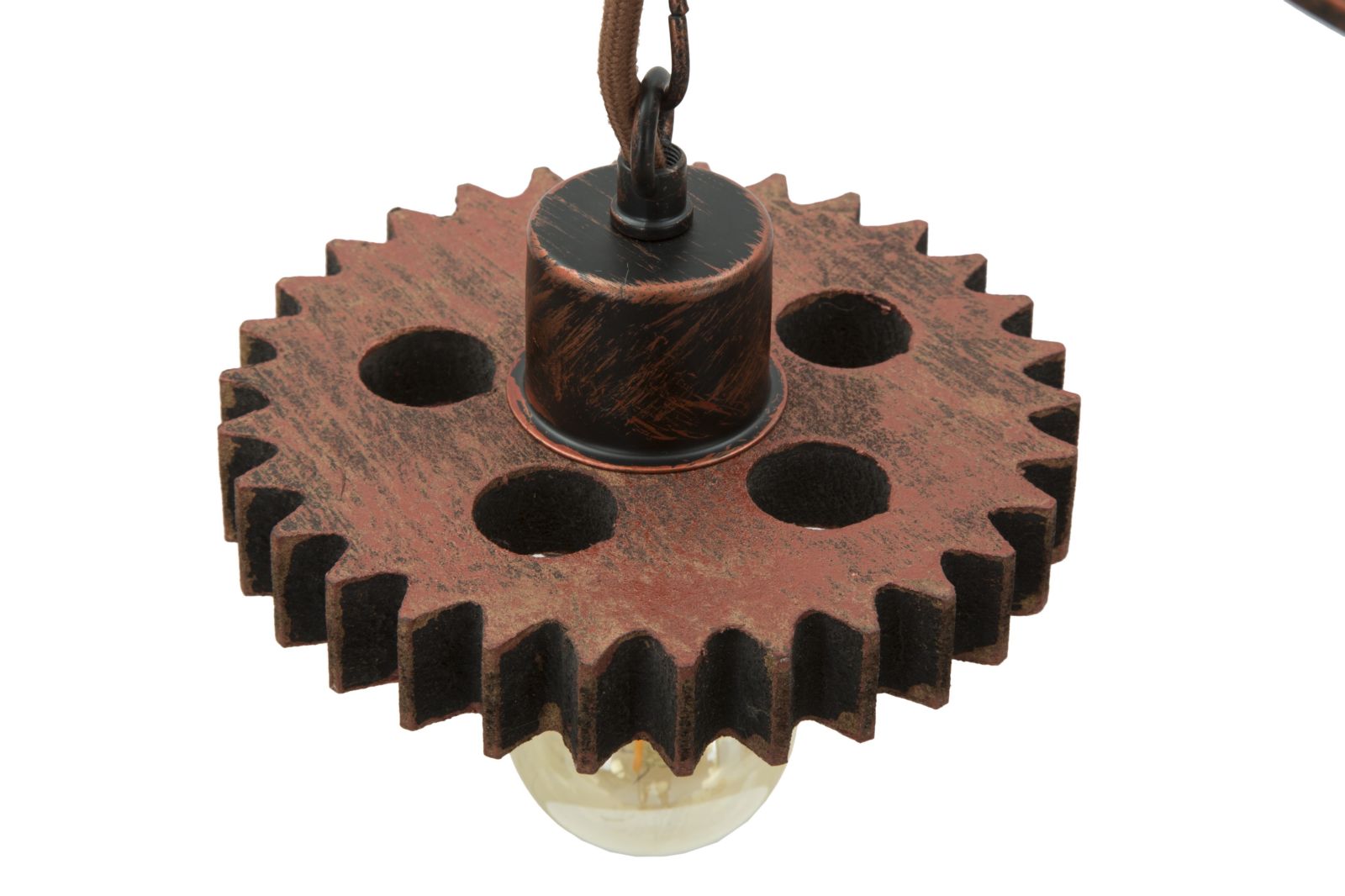 Lampadario Ingranaggio 3 Luci Ø54x104 cm in Ferro e Legno Nero e Rame