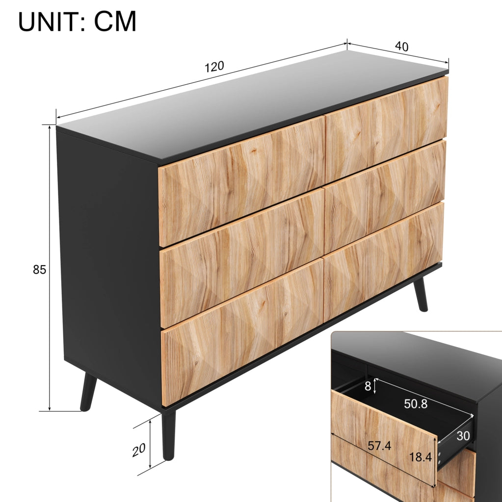 Sideboard moderno 120x40x85 cm con 6 cassetti; finitura naturale e nero; in MDF e truciolare