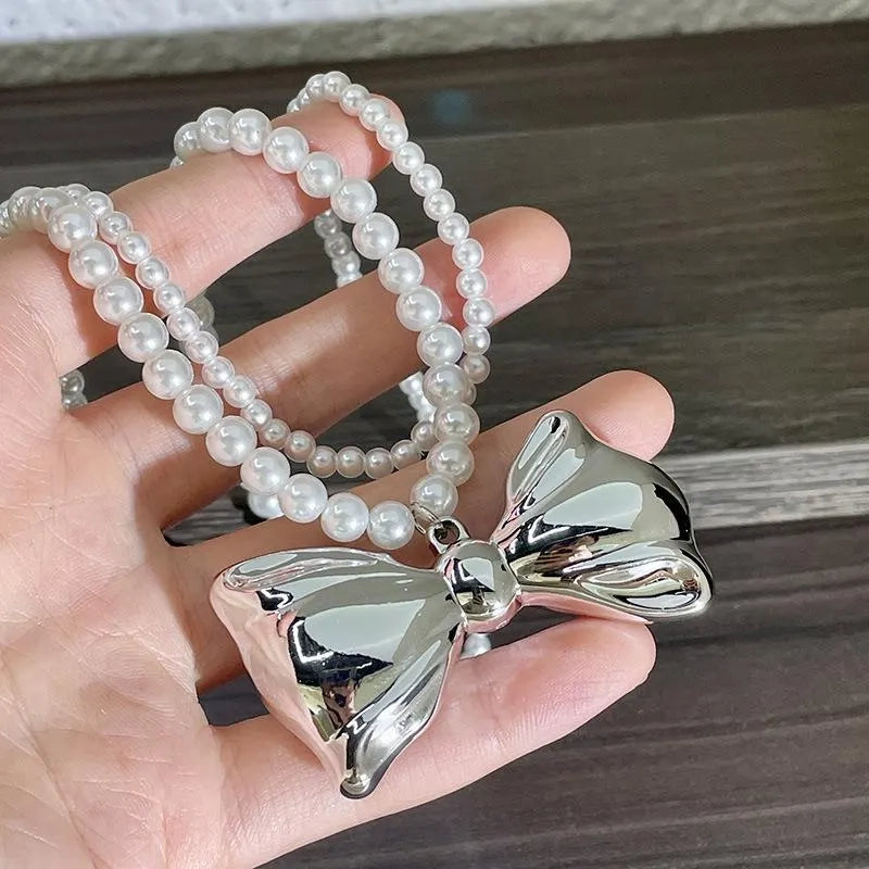 Collana doppia fatta a mano con fiocco in argento e perle, regalo di Natale per donna, regalo di compleanno